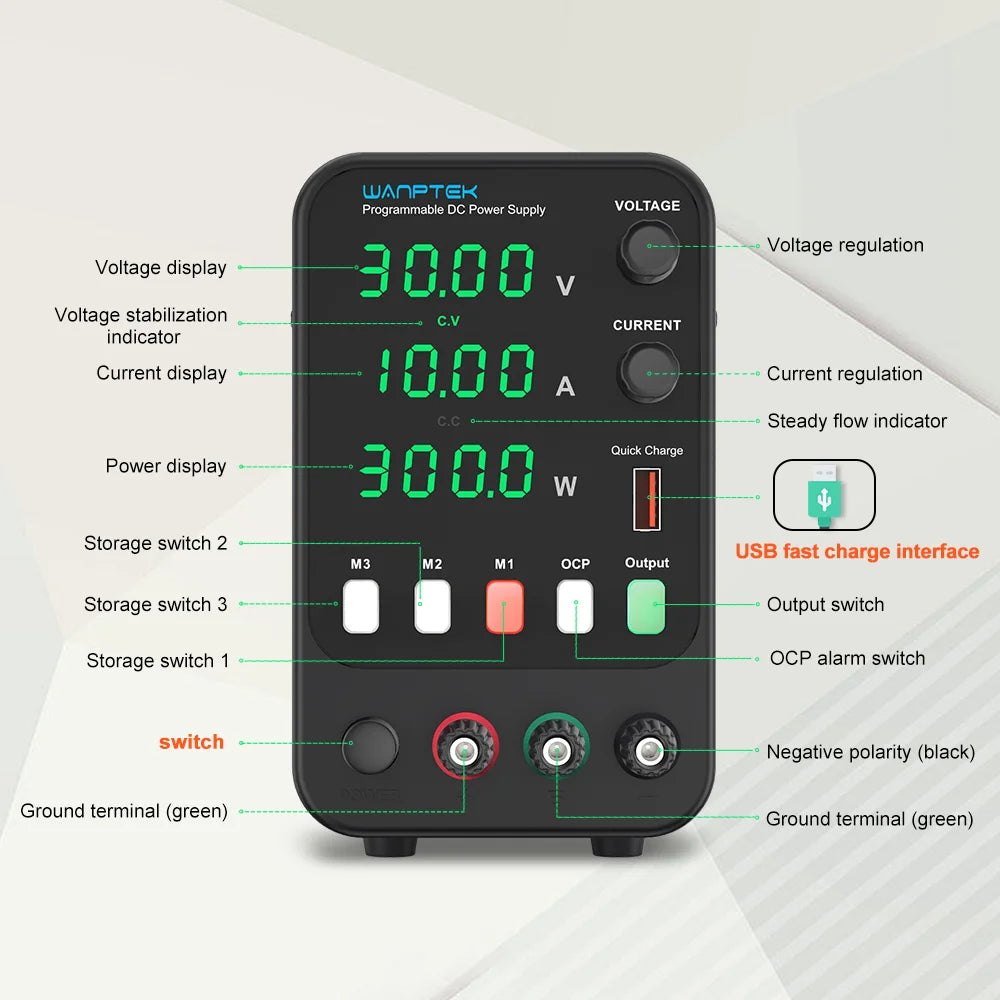 Wanptek DC Lab Power Supply 30V 60V 120V Adjustable Voltage Regulator Preset Voltage Current Dual Input Voltage 220V/110V