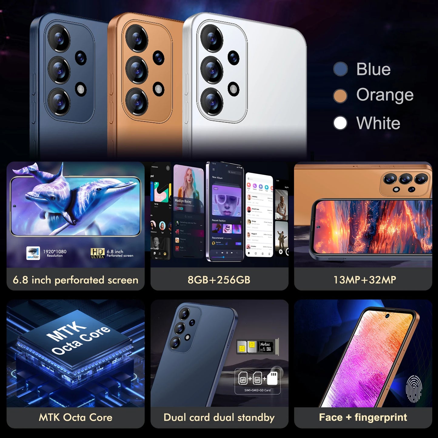 A73 Phone,Smartphone Android,6.8 inch,8GB RAM,256GB ROM,Dual SIM,Mobile phone,Google Play Store,13+32MP,6800mAh,Cellphones