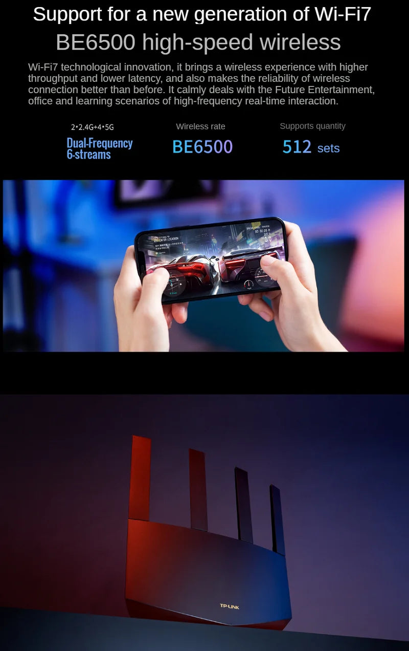 4*2.5Gbps RJ45, IEEE 802.11be WiFi-7 Router BE6500 WiFi7 Wireless Mesh Router Dual-frequency Wireless Router 2.4G 689M, 5G 5765M