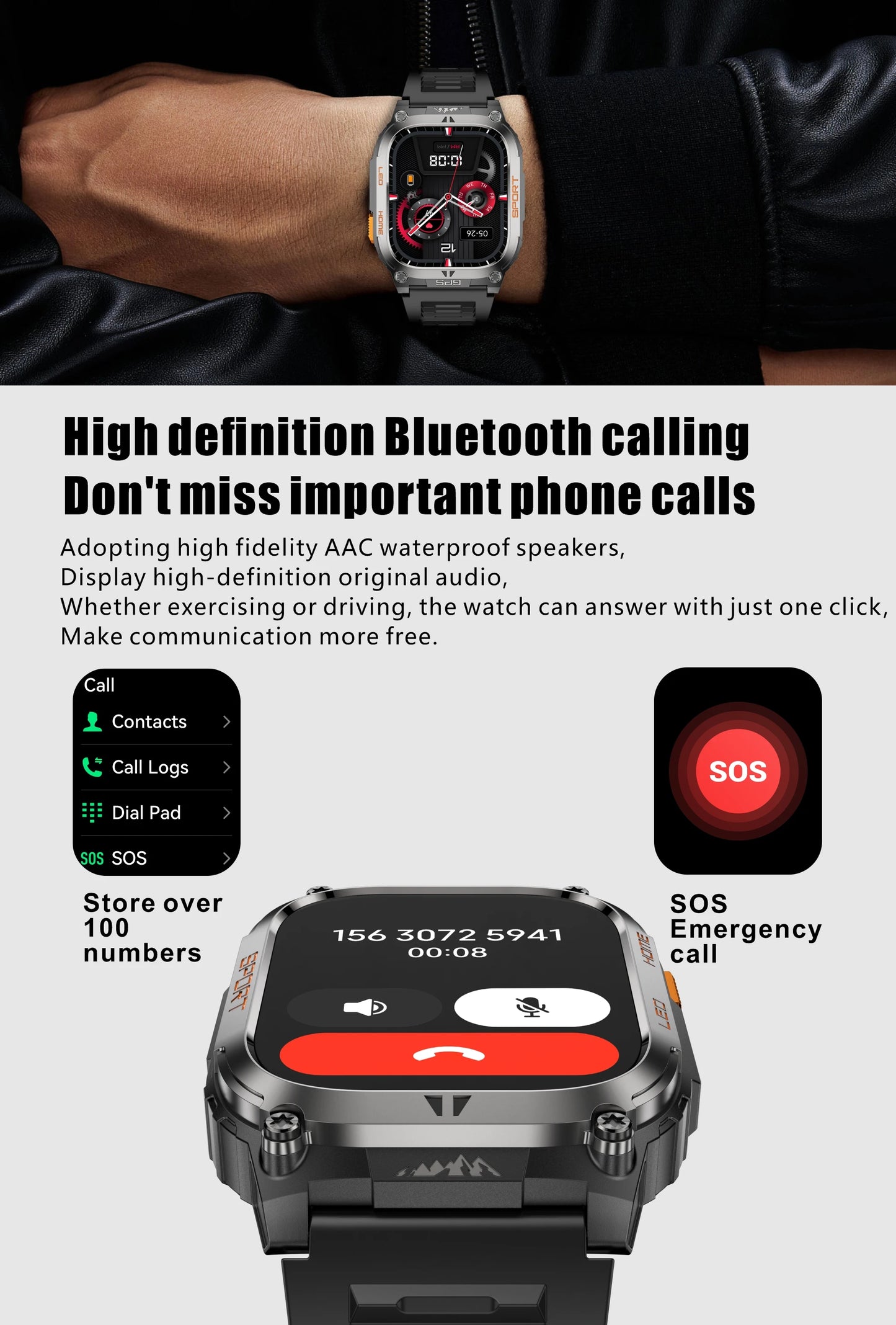 New GPS Tracking Smart Watch LED Flashlight 2.01inch HD Screen Compass BT Call Waterproof Sport Smartwatch For Android iOS