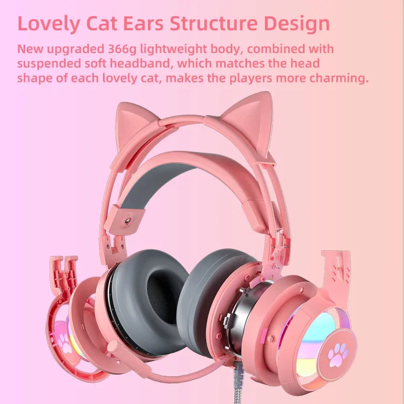 Cat Ears Headphones with Microphone For PS5 HiFi Stereo Bass Headset Gamer Girls RGB Black Pink Helmet for PC Laptop Phone Xbox