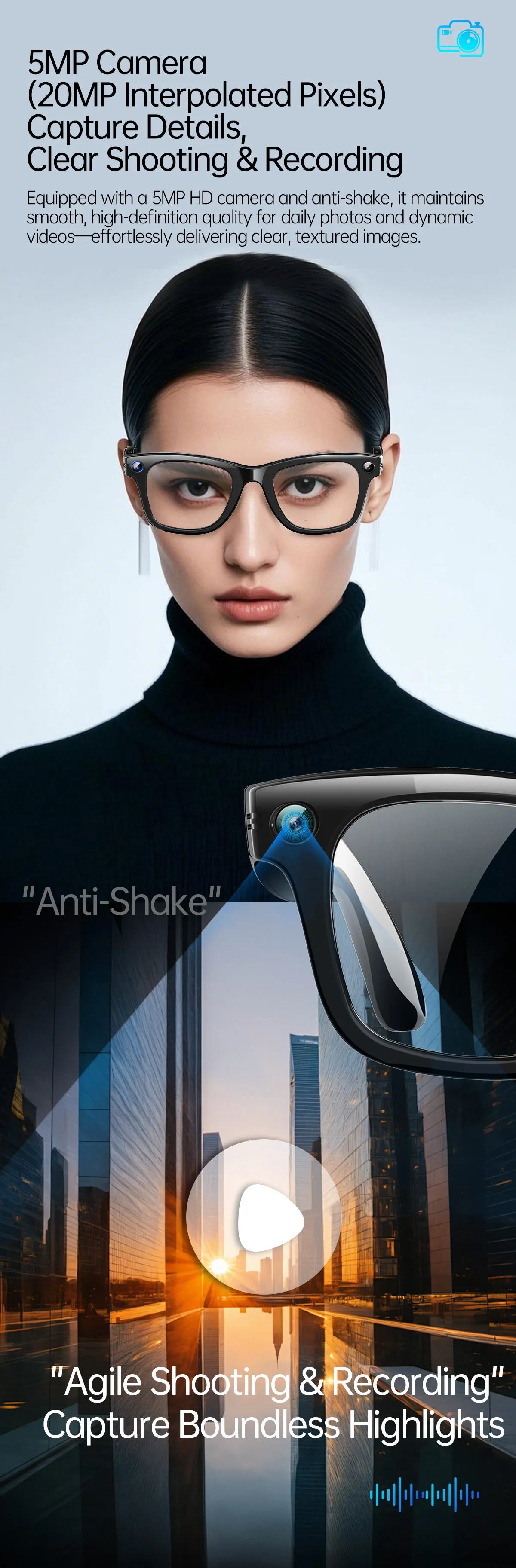 AI Smart Glasses 5 Million Pixels Recording Videos Photo Recognition Answer Translation 290mAh IP66 Waterproof Bluetooth Glasses