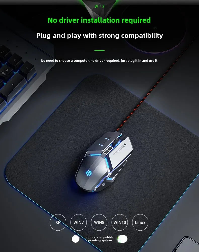 W2 USB Wired Gaming Mouse with Glowing Gamer Mechanical Metal Style Mice Suitable for PC Desktop Laptops Tablet Game Office