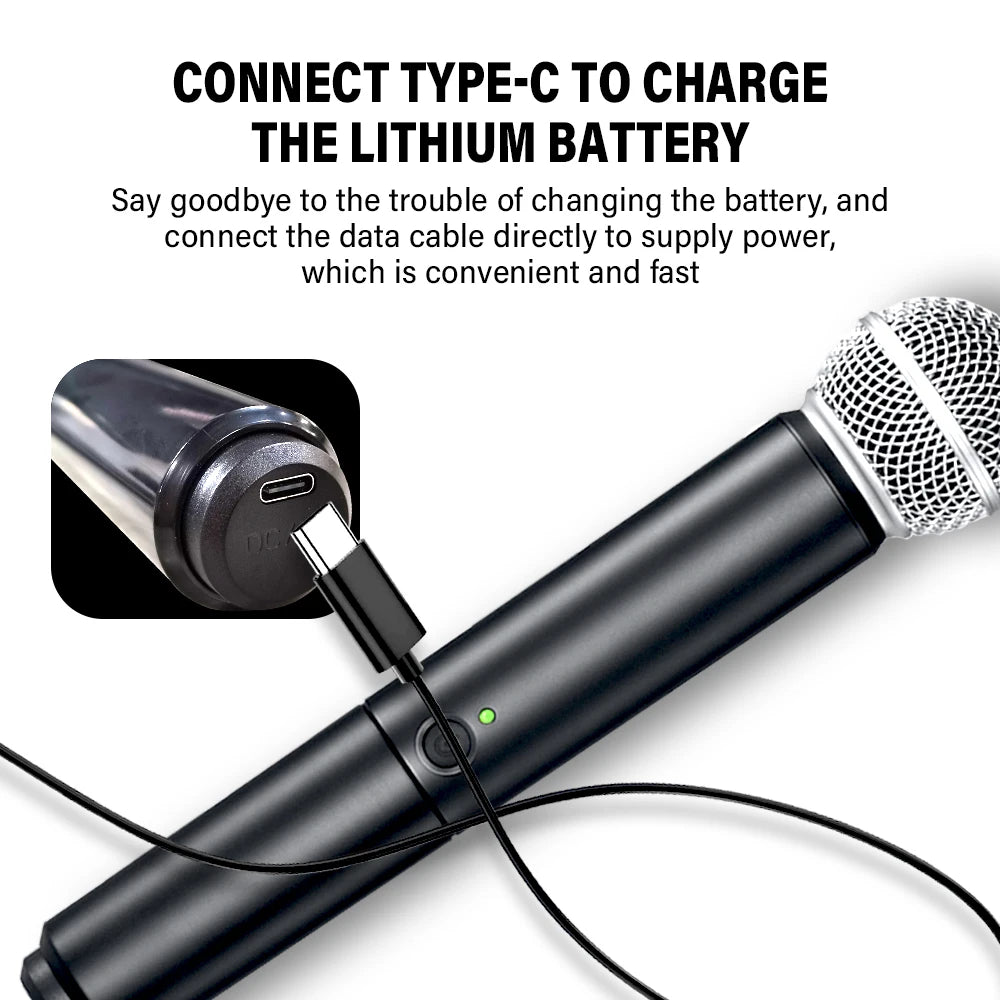 Professional 2 Channel UHF PG58 Wireless Microphone Dynamic Mic System with Rechargeable Receiver For Party Karaoke Show Meeting