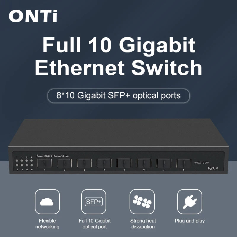 ONTi 10Gb SFP+ Ethernet Switch 8 Ports Full 10000Mbps Optical SFP+ Network Switch Plug and Play Home Lab Unmanaged Switch