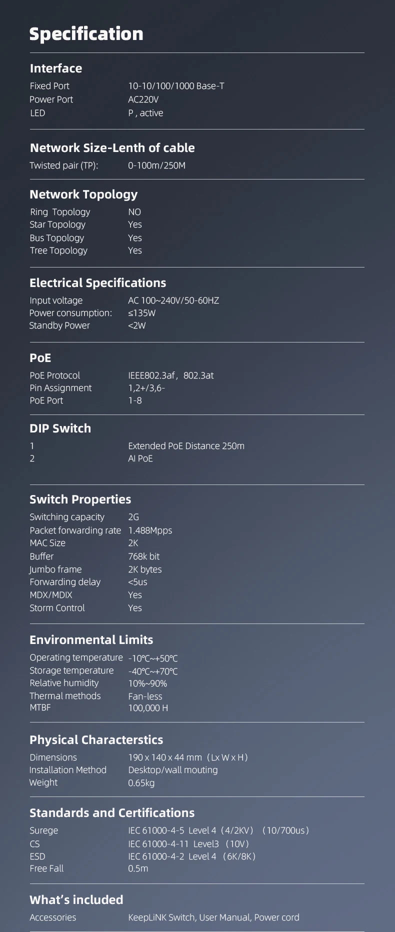 KeepLiNK 10-Port Gigabit Switch with 8-PoE and 2-RJ45 for Uplink Unmanaged Plug and Play