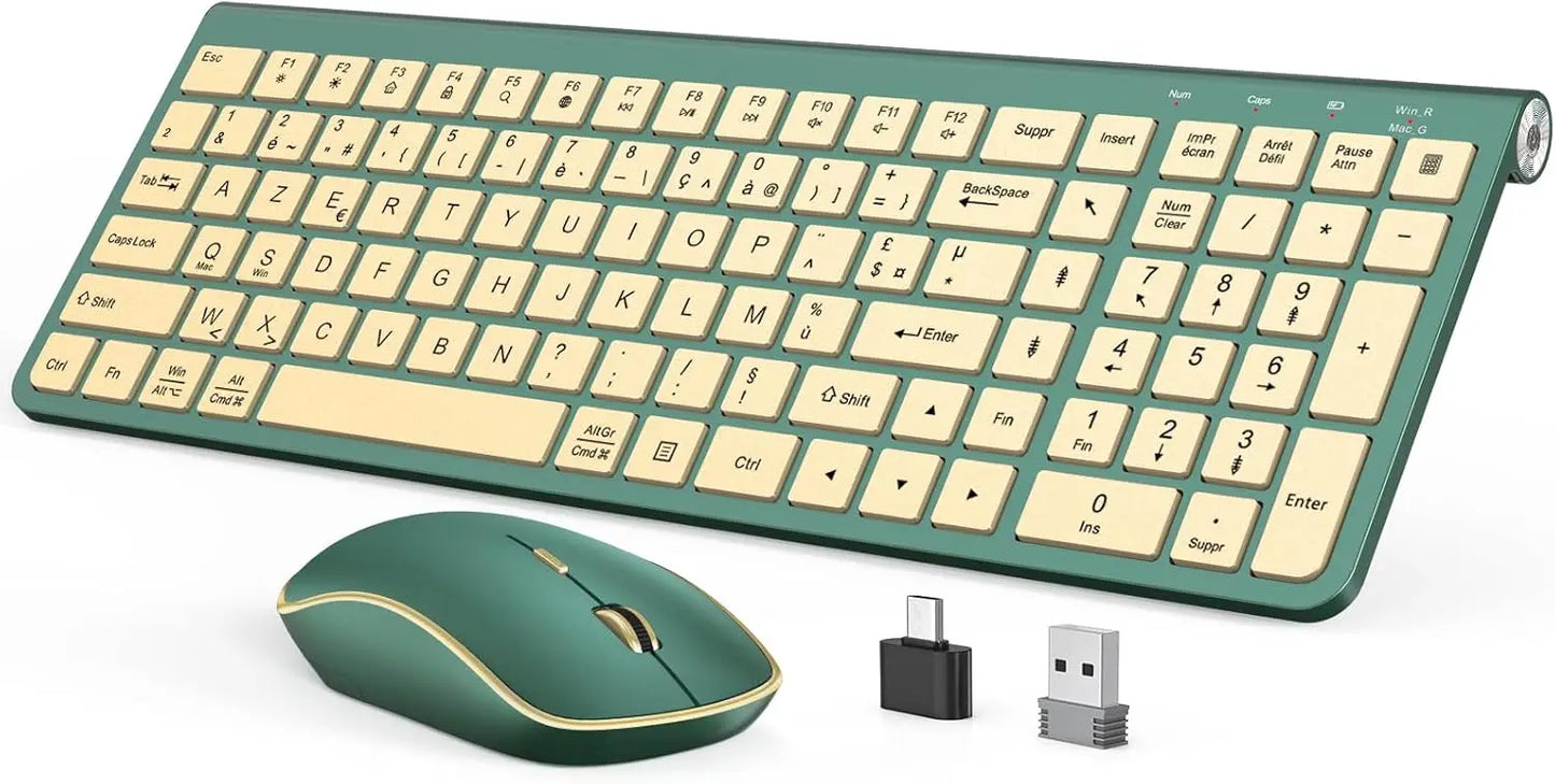 Ergonomic wireless keyboard and mouse, AZERTY, France, quiet and portable, including USB-A and USB-C ports, suitable for Mac/PC/