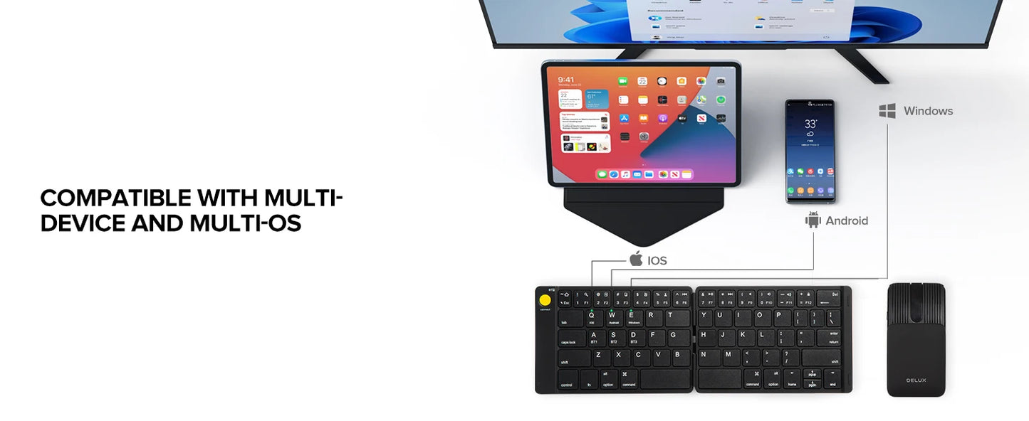 Delux Folding Keyboard Mouse Set Wireless Ultra Slim Portable Silent Kit Multi-Device Support For Windows Android IOS System