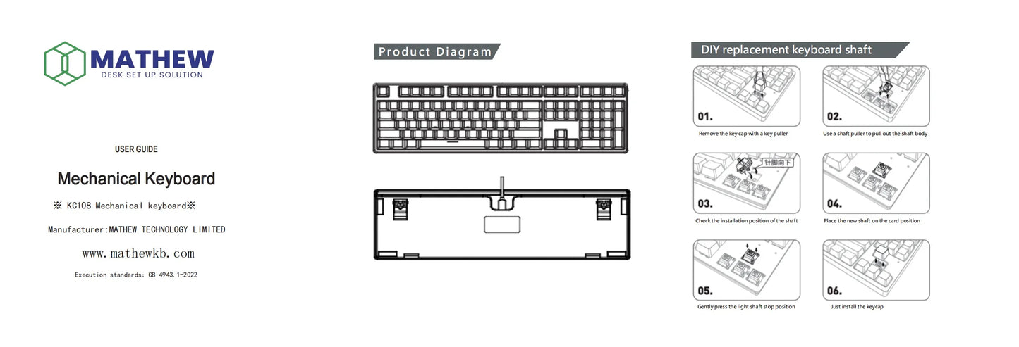 MATHEW KC108 Three Mode Mechanical Keyboard Barebone Classic 108 Keys Layout Full Size Hot Swap RGB Gaming Keyboard DIY Kit