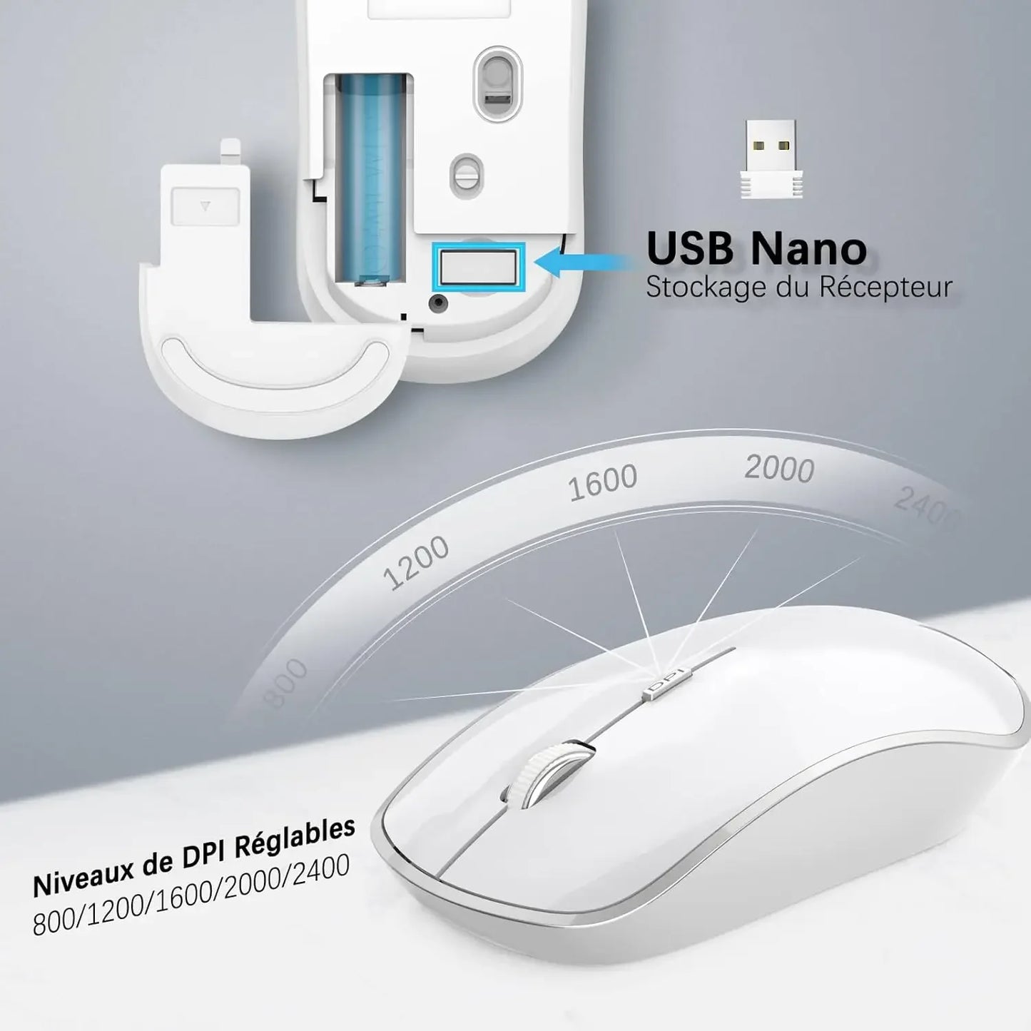 Ergonomic wireless keyboard and mouse, AZERTY, France, quiet and portable, including USB-A and USB-C ports, suitable for Mac/PC/