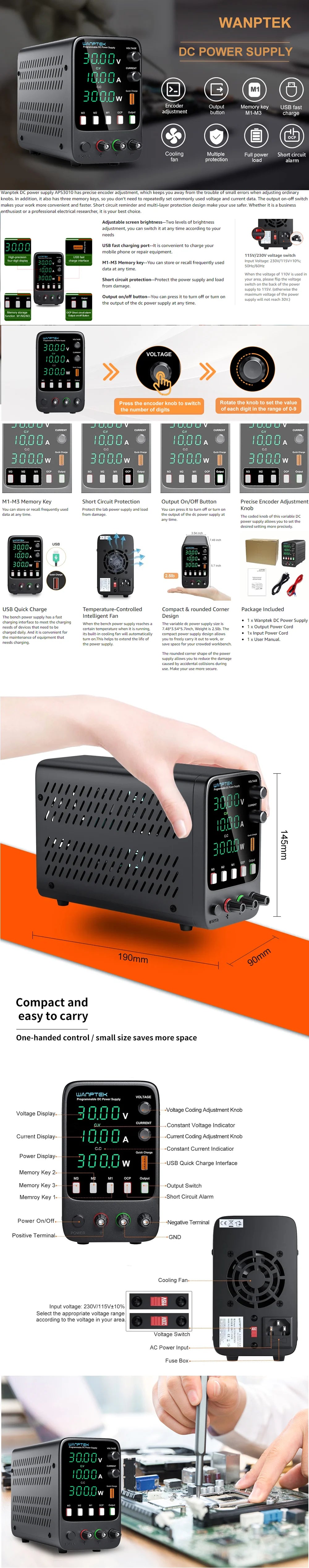 Wanptek DC Power Supply 30V 10A 5A Variable Bench Power Supply Adjustable Lab Power Supply 60V 5A 120V 3A  Voltage Regulator