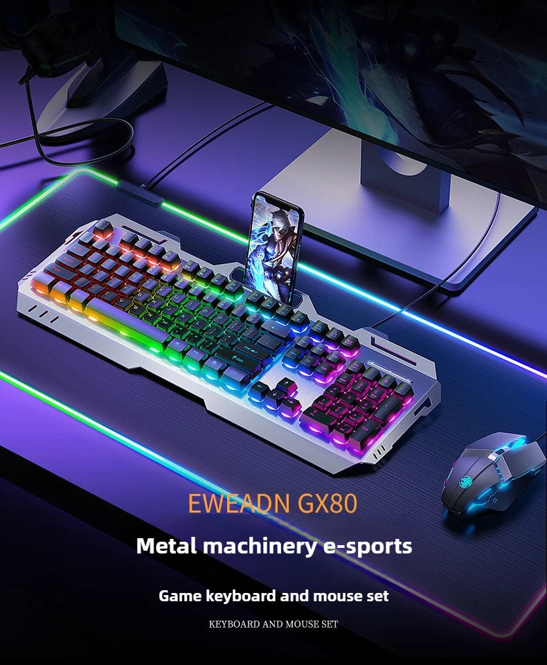 Gaming Wired Mechanical Keyboard Mouse Set Rainbow Glow Backlight 104 Keys Metal Panel Mechanical Keyboard for Laptop Desktop