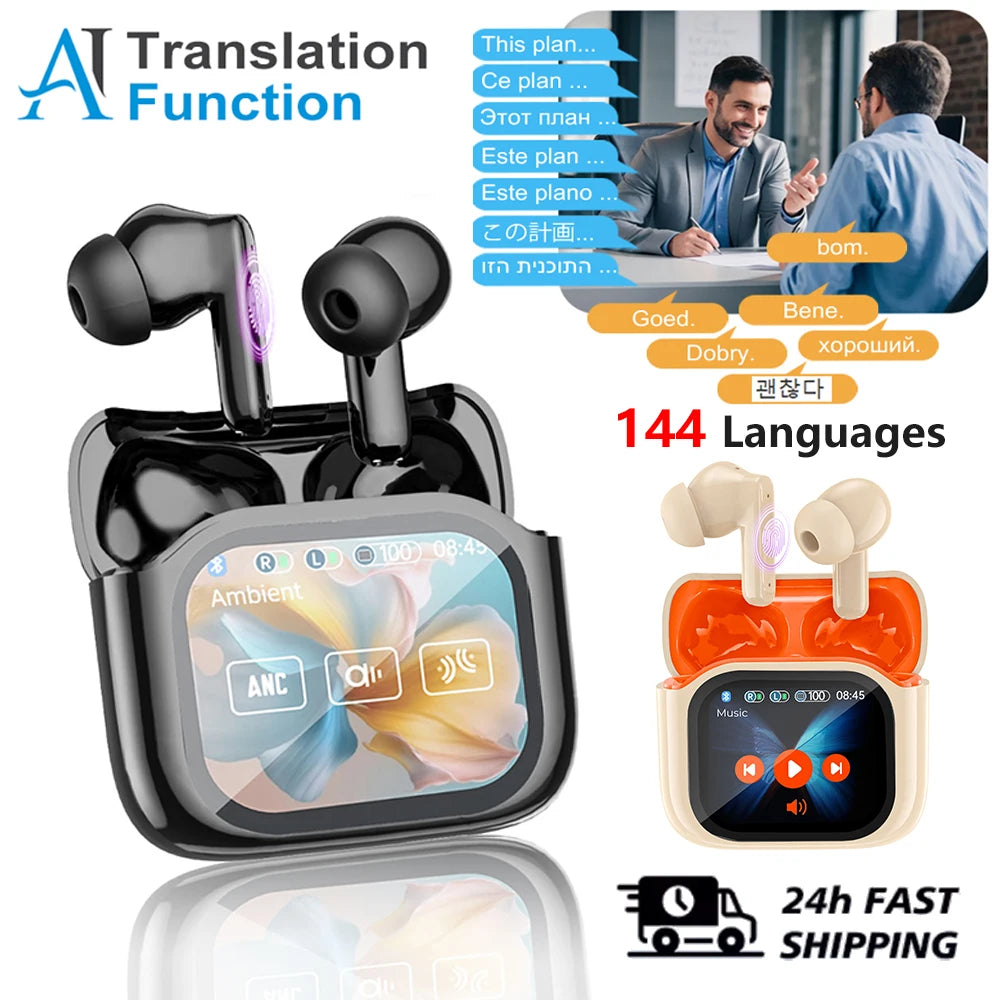 Real Time Translators Headphones with Touch Screen 144 Languages Translation Bluetooth 5.4 Earbuds Noise Cancelling Headset