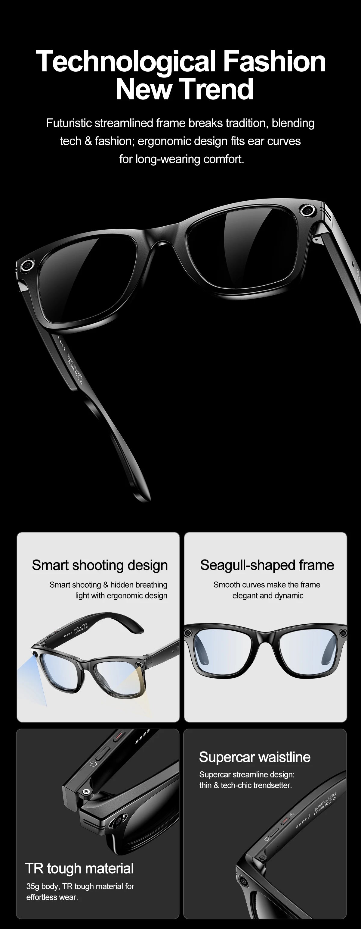 LIGE Smart Glasses 100W Pixel Camera Smart Glasses Camera Bluetooth Call Music Sunglasses AI Voice Assistant Video Sound Record