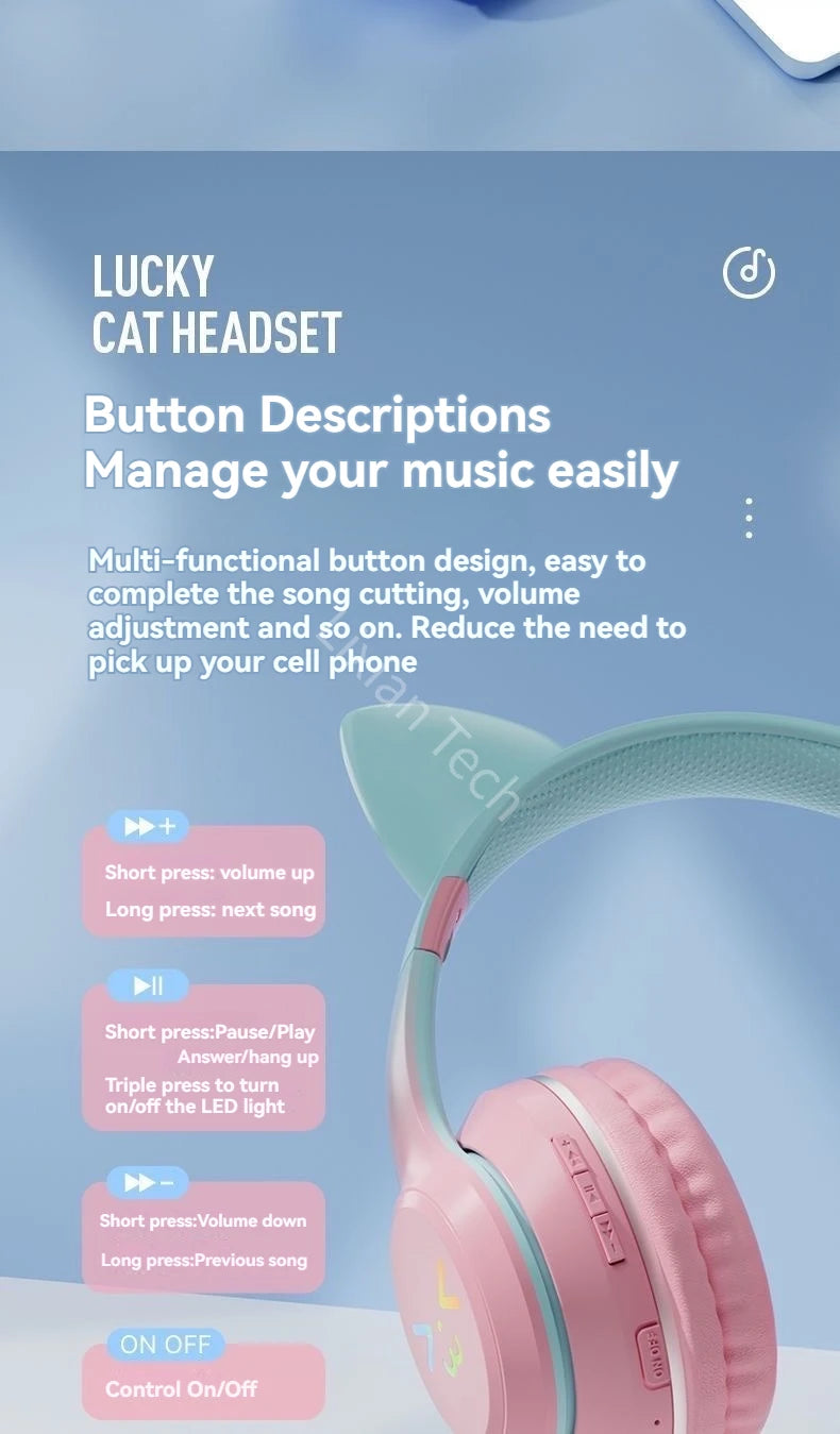 wireless Headphones RGB cute cat ear Bluetooth Earphones with microphone Stereo Music Game Earphone Girls Kids Gifts For XiaoMi