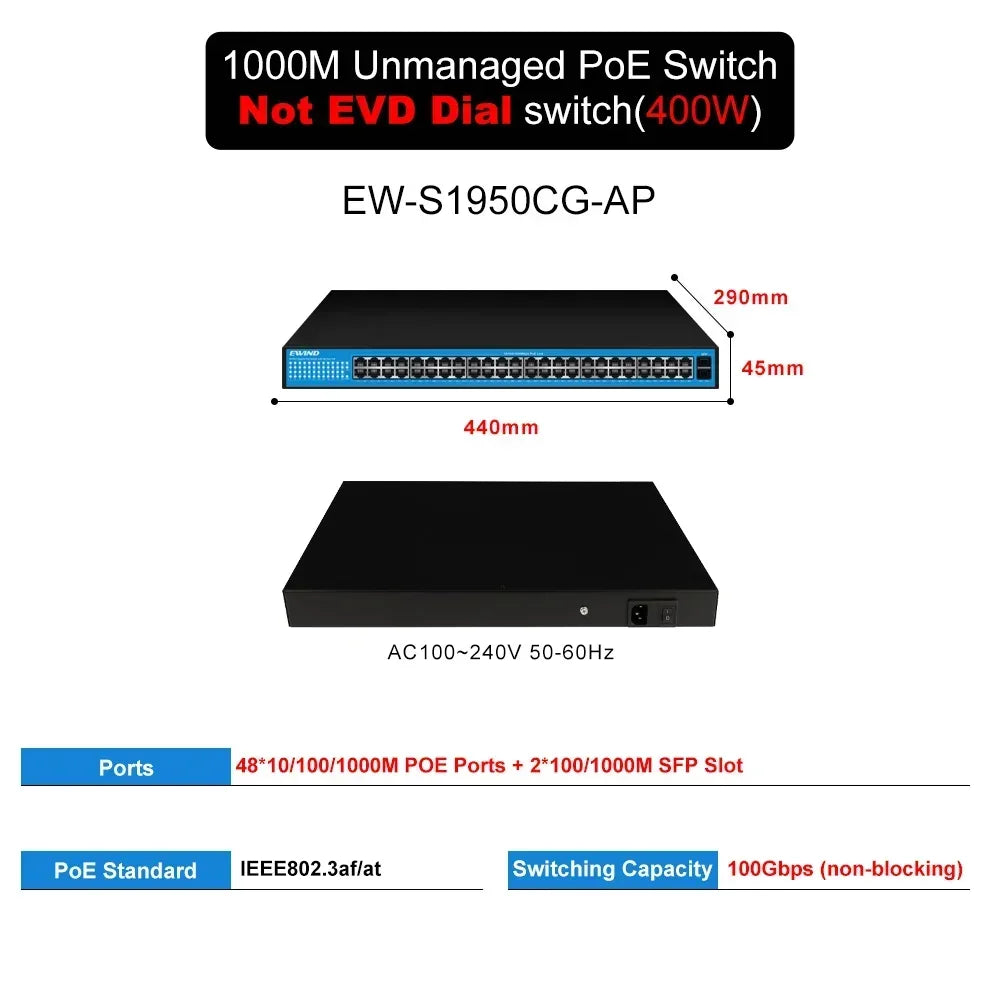 EWIND Gigabit POE Switch 16/48 Ports 10/100/1000Mbps Full Gigabit Ethernet Switch Unmanagement AI Smart Switch outdoor home NVR