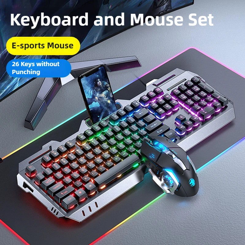 Gaming Wired Mechanical Keyboard Mouse Set Rainbow Glow Backlight 104 Keys Metal Panel Mechanical Keyboard for Laptop Desktop