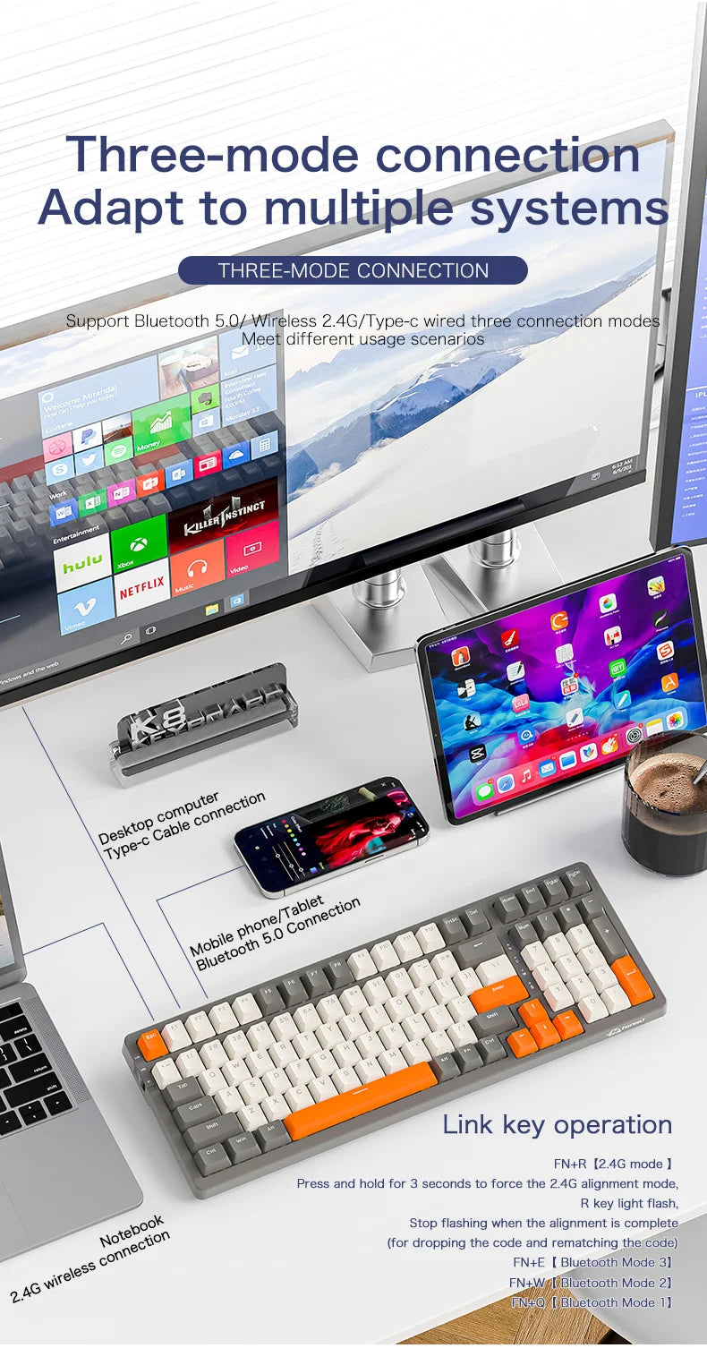 K8 100 Key Wireless Mechanical Keyboard Tri-mode Connection,Full Key Hot Swap,lighting Effects,Gasket Muffler Structure, Laptops