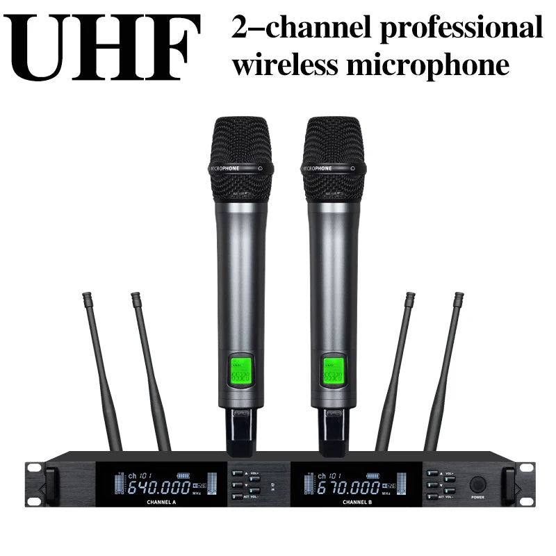 UHF Professional Wireless Microphone 2-channel Metal Handheld  Karaoke Singing Stage Wedding Performance Conference Microphone