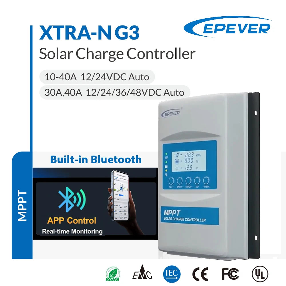 EPEVER 10/20/30/40A MPPT Solar Controller Built In Bluetooth 12V 24V 48V XTRANG3BLE 60/100/150V PV Panel Can Lithium/No Battery