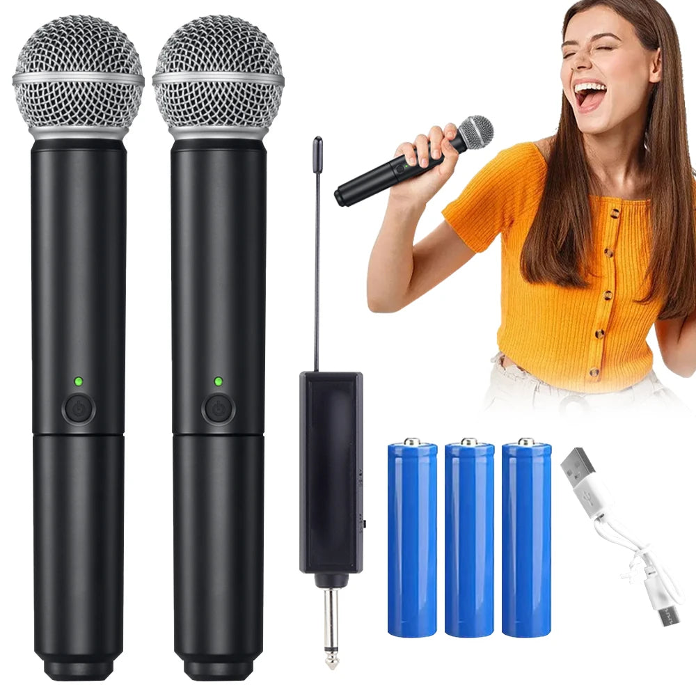 Professional 2 Channel UHF PG58 Wireless Microphone Dynamic Mic System with Rechargeable Receiver For Party Karaoke Show Meeting