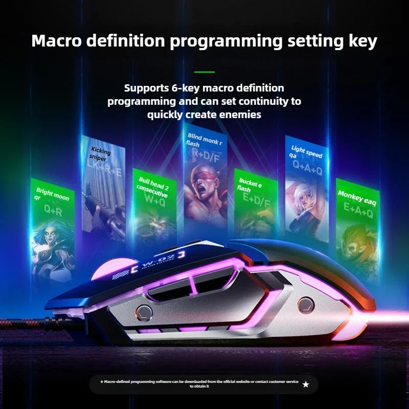 W2 USB Wired Gaming Mouse with Glowing Gamer Mechanical Metal Style Mice Suitable for PC Desktop Laptops Tablet Game Office