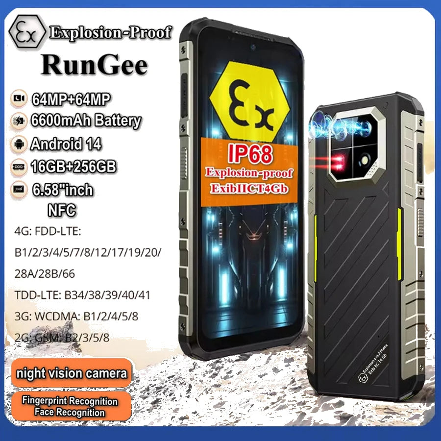 Explosion-proof Phone Rungee Night Camera Android 14, RAM 8GB+256GB ROM, 6.58" ,6600mAh Fingerprint,NFC,64MP
