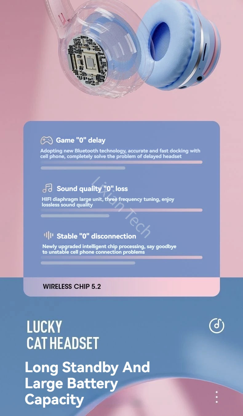 wireless Headphones RGB cute cat ear Bluetooth Earphones with microphone Stereo Music Game Earphone Girls Kids Gifts For XiaoMi