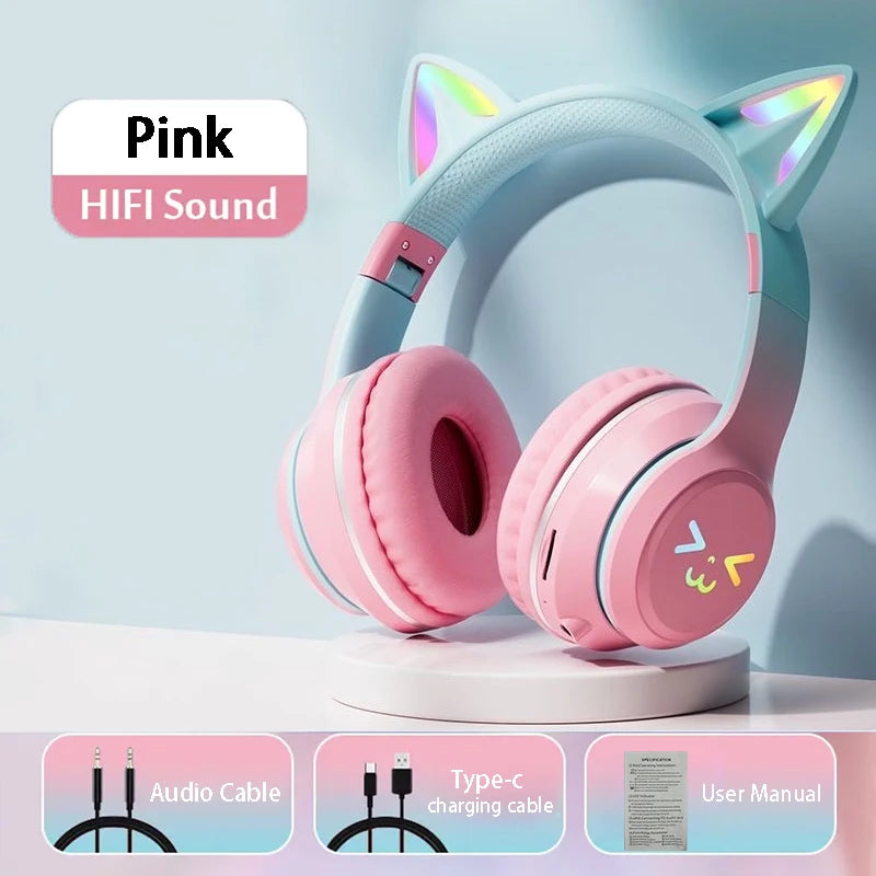 wireless Headphones RGB cute cat ear Bluetooth Earphones with microphone Stereo Music Game Earphone Girls Kids Gifts For XiaoMi