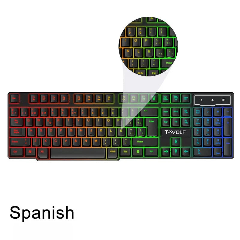 T20 Wired Keyboard Mouse Set 104 Keys RGB Blacklight Multi-function Shortcut USB Wired Gaming Keyboard English Russian Spanish