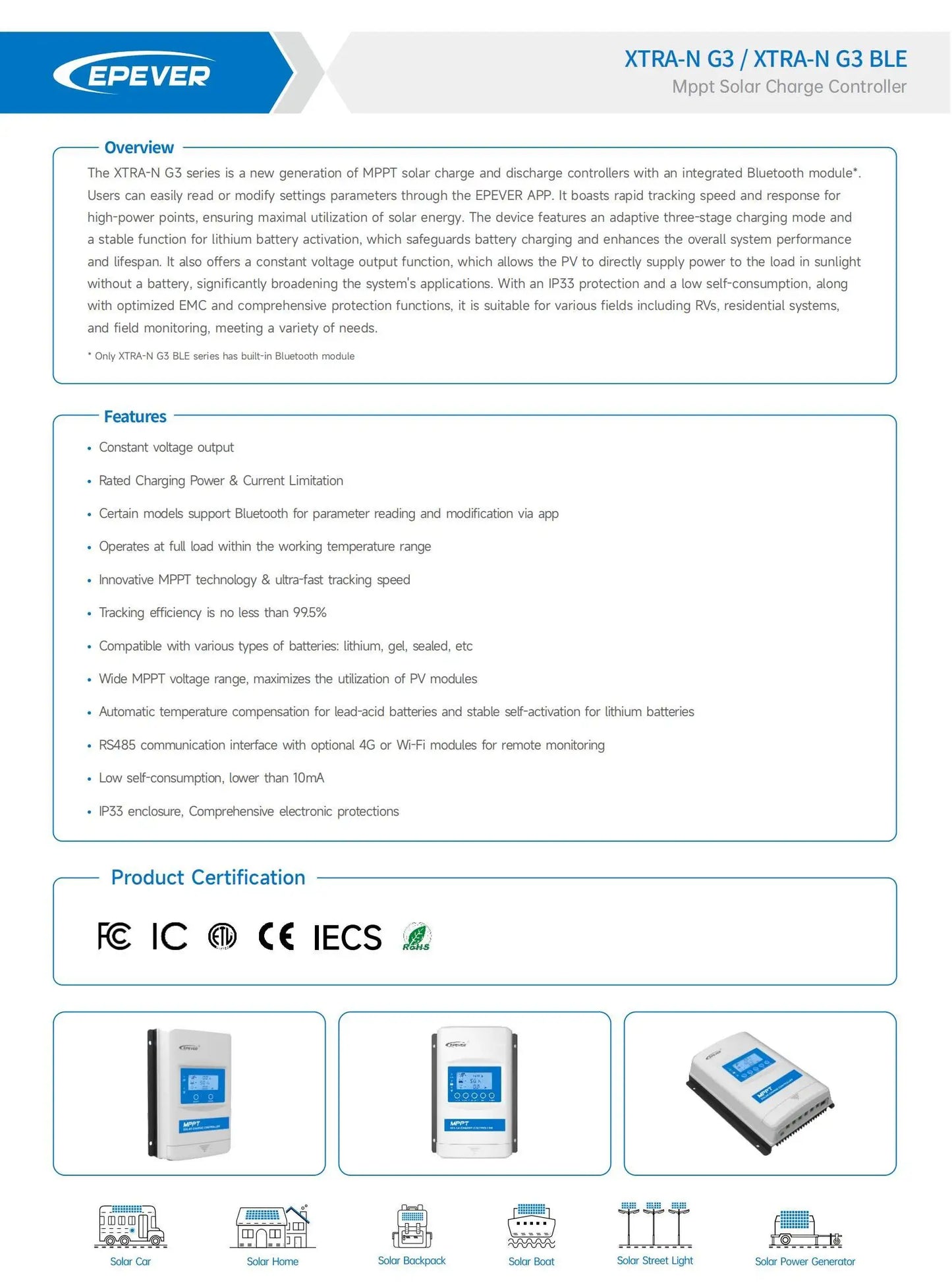 EPEVER 10/20/30/40A MPPT Solar Controller Built In Bluetooth 12V 24V 48V XTRANG3BLE 60/100/150V PV Panel Can Lithium/No Battery