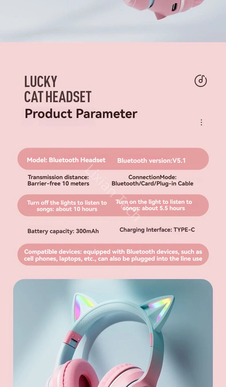 wireless Headphones RGB cute cat ear Bluetooth Earphones with microphone Stereo Music Game Earphone Girls Kids Gifts For XiaoMi