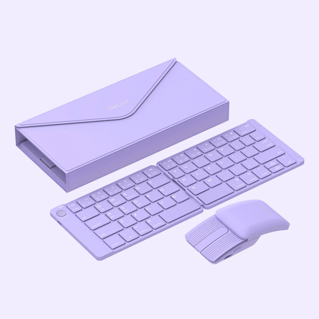 Delux Folding Keyboard Mouse Set Multi Function Ultra Slim Portable Bluetooth Silent Combo Multi-Device for PC Laptop Tablet