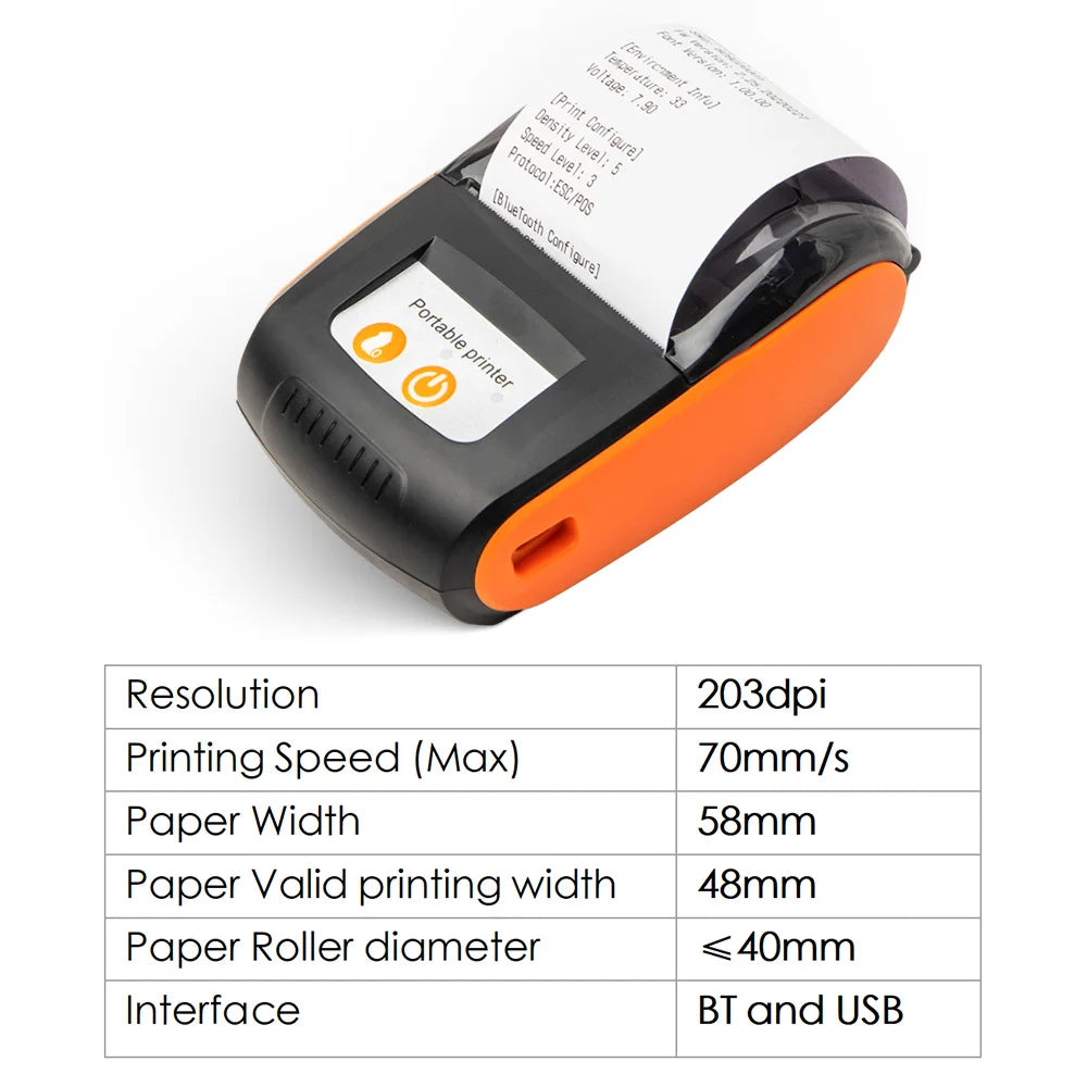 Portable Receipt Printer 58mm Mini Thermal Printing Wireless BT USB Mobile Printer 203dpi with 2 Inch Thermal Paper Roll
