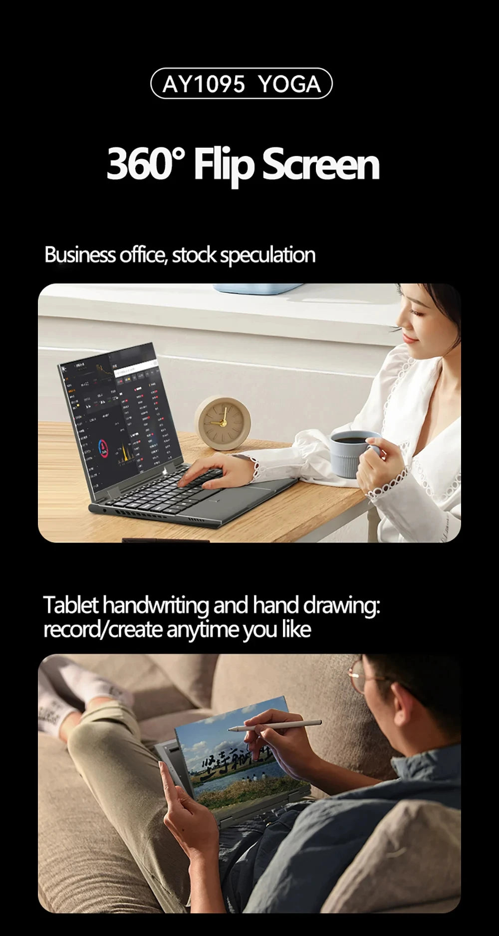 2-in-1 Touch Screen Tablet Laptop 10.9-inch 360° Flip Notebook Intel N95 16GB DDR5 2TB SSD HD Camera Backlit Keyboard Laptop