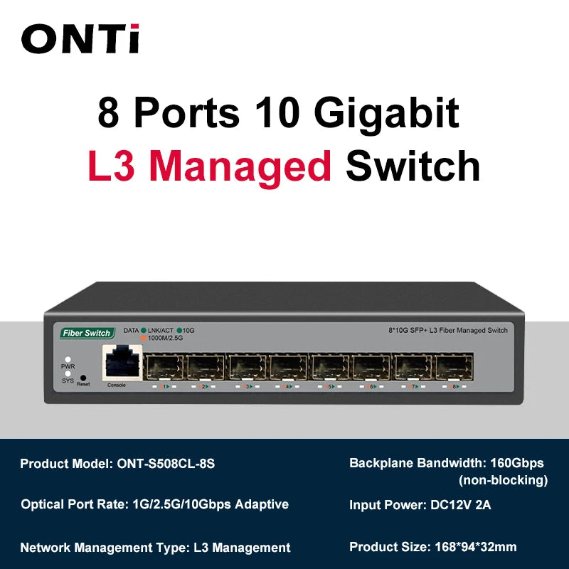 ONTi Full 10-Gb SFP+ Ports L3 Managed Network Switch Support DHCP and Dynamic Routing Support VLAN Division and Port Aggregation