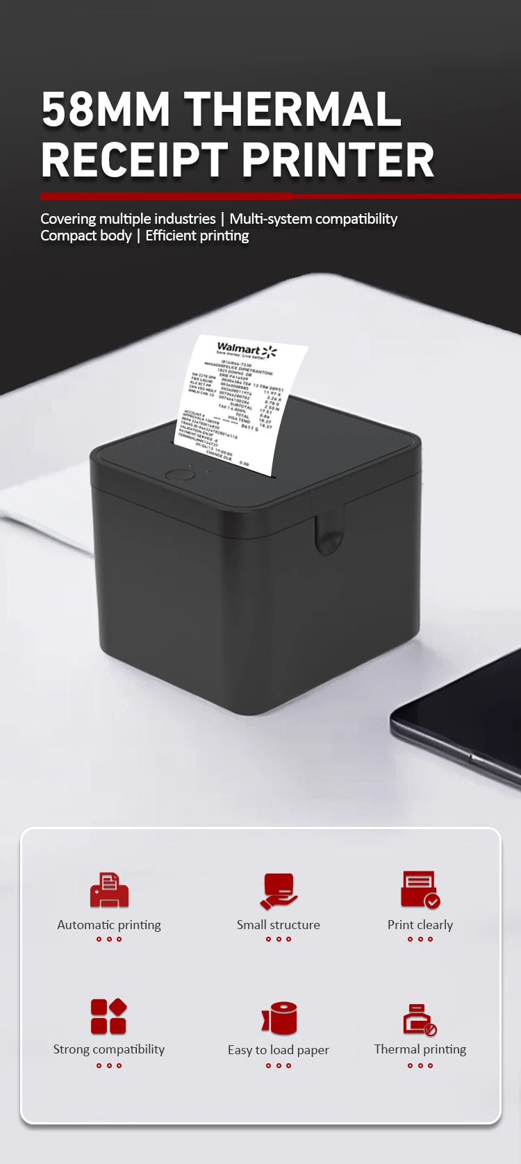 HZTZ 58mm Thermal Receipt Printer for Android iOS Windows system can be connected to cash registers Suitable for catering, super