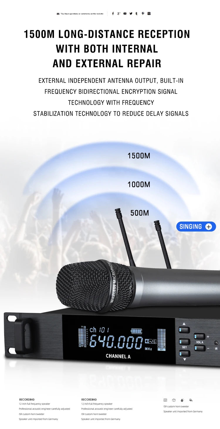 UHF Professional Wireless Microphone 2-channel Metal Handheld  Karaoke Singing Stage Wedding Performance Conference Microphone