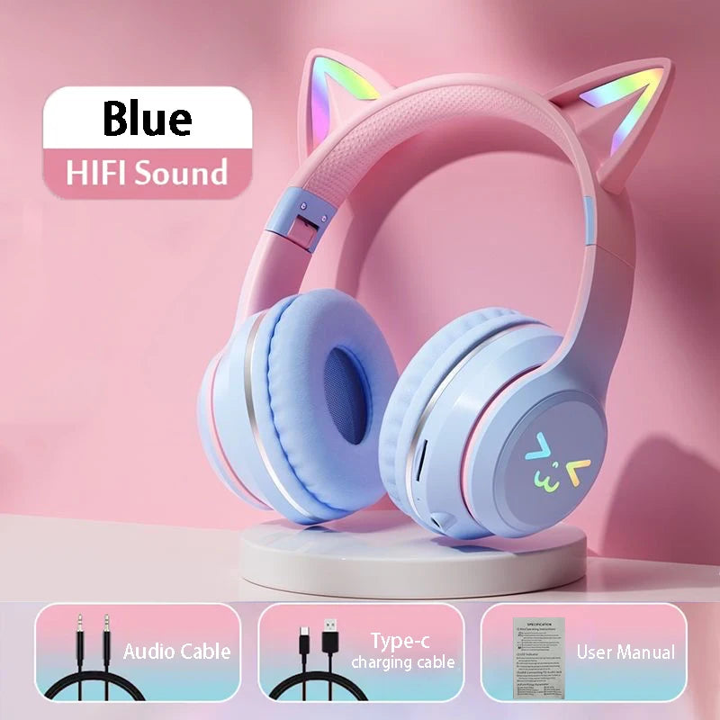 wireless Headphones RGB cute cat ear Bluetooth Earphones with microphone Stereo Music Game Earphone Girls Kids Gifts For XiaoMi