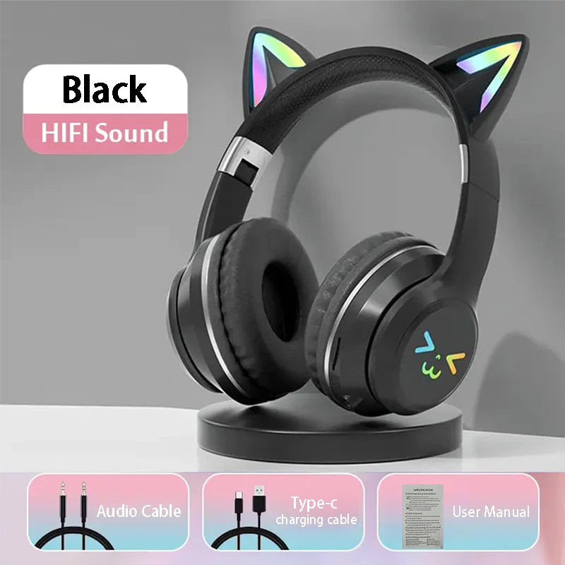 wireless Headphones RGB cute cat ear Bluetooth Earphones with microphone Stereo Music Game Earphone Girls Kids Gifts For XiaoMi