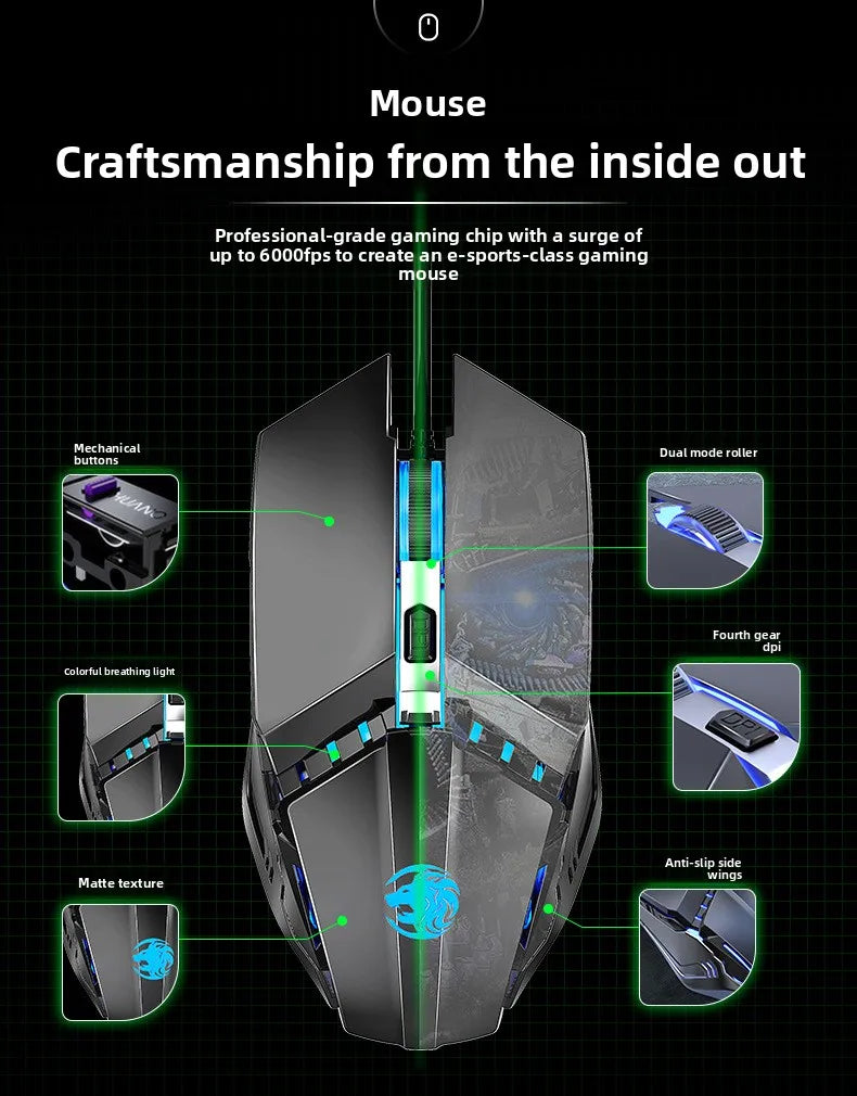 Gaming Wired Mechanical Keyboard Mouse Set Rainbow Glow Backlight 104 Keys Metal Panel Mechanical Keyboard for Laptop Desktop