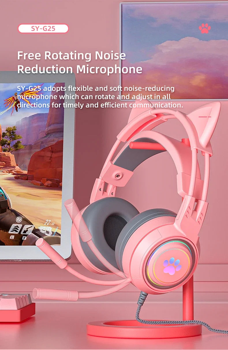 Cat Ears Headphones with Microphone For PS5 HiFi Stereo Bass Headset Gamer Girls RGB Black Pink Helmet for PC Laptop Phone Xbox