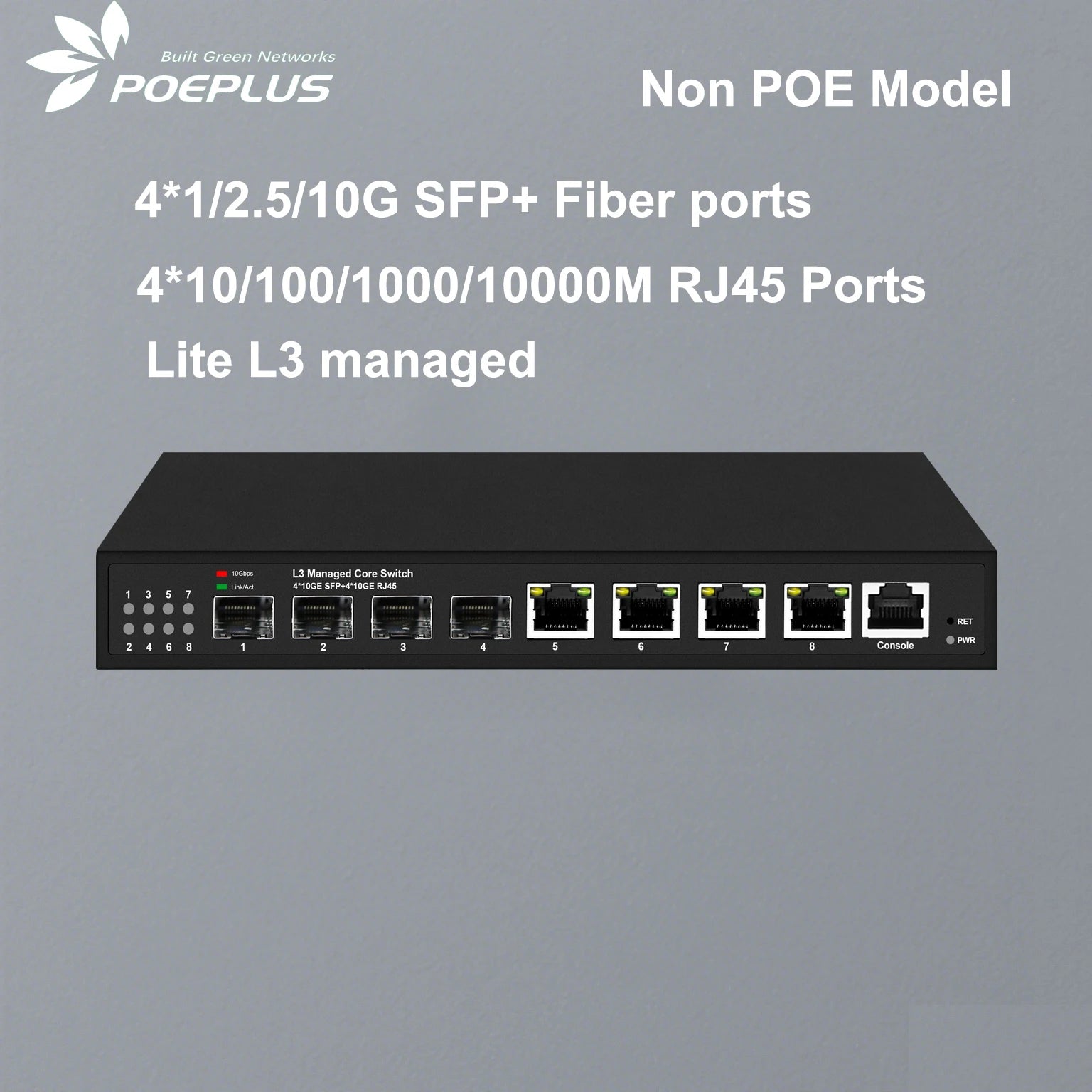 L3 managed Full 10Gbps 8 Ports Network Switch 4*RJ45 and 4*SFP+