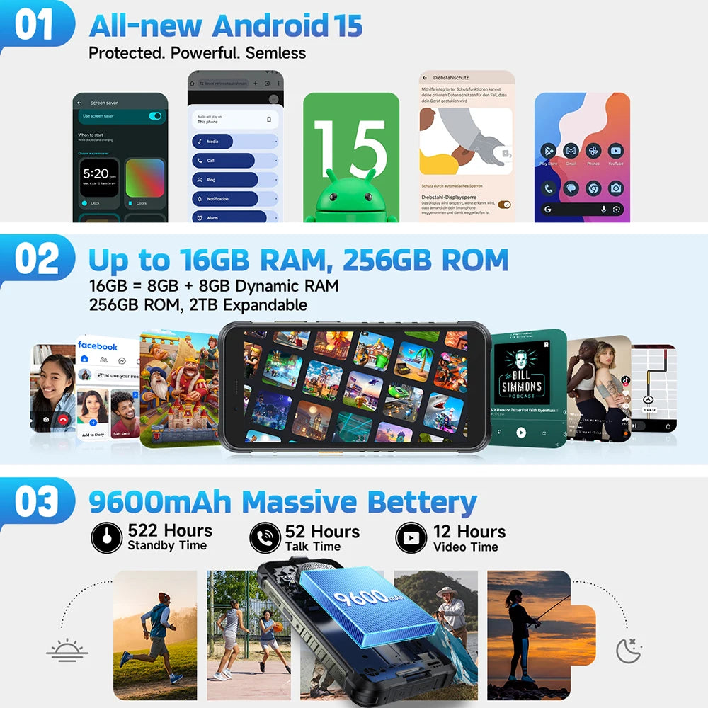 【2025 NEW】Ulefone RugKing 4G Rugged Phone Android 15 Up to 16GB+256GB Waterproof Smartphone 9600mAh 50MP Camera NFC Global