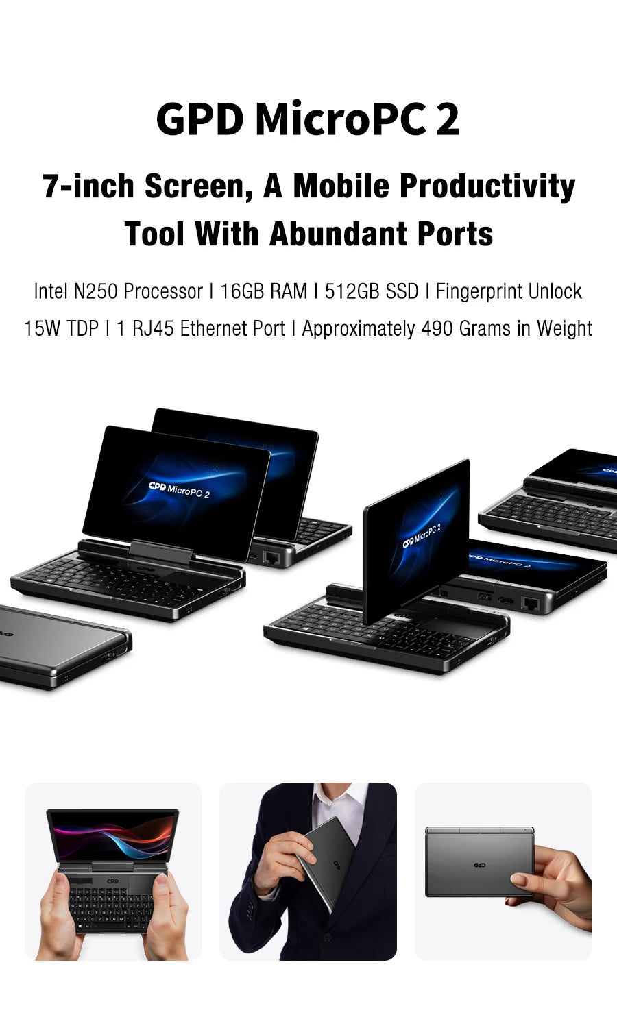 GPD MicroPC 2 Handheld Mini Laptop 7 Inch Touch Screen 16GB RAM 512GB SSD N300 CPU Windows 11 System