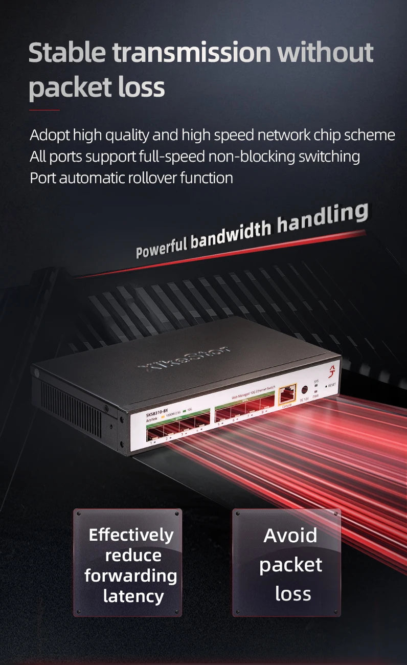 XikeStor 8 Ports 10G SFP+ L3 Managed Support DHCP/VLAN/Port Aggregation/Link Aggregation WEB/CLI Fan Heat Dissipation One-click