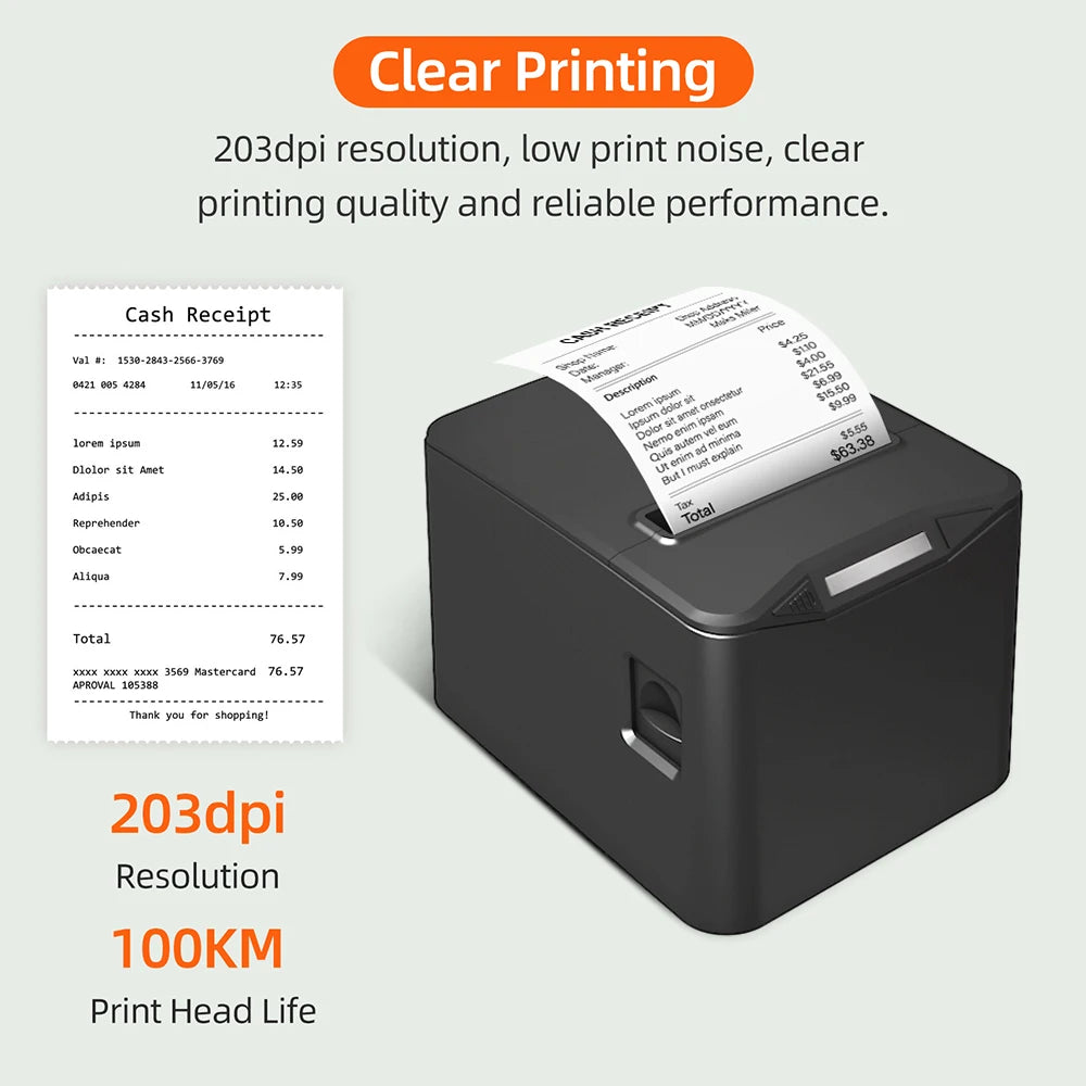 USB Receipt Printer Efficient 220mm/s Wall Hanging Wireless Thermal Printer for Grocery Stores