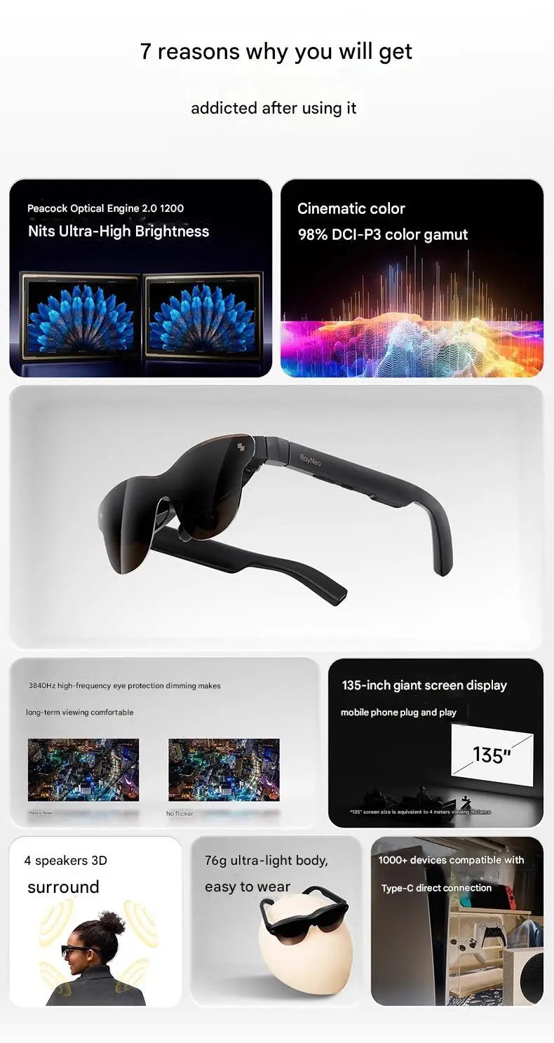 Rayneo Air3s Pro AR Smart Glasses 1200nits 135inches HD Screen 3840 Hz PWM 3D Glasses For Xbox PS5 Switch