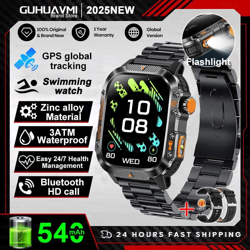 2025New GPS Smart Watch For Xiaomi IOS Military Compass Flashlight Smartwatch Men 10ATM Waterproof 100+Sport Modes BT Call Watch
