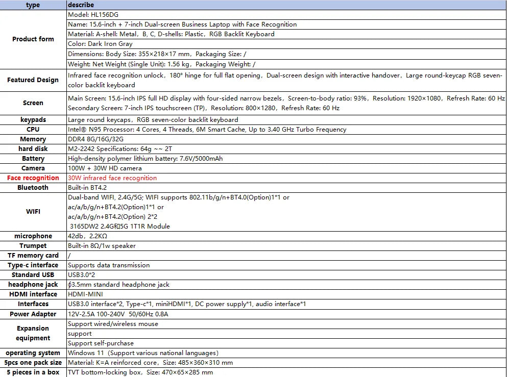 CARBAYTA 15.6"+7" Dual Screen Laptop Computer, Intel N95 32GB/16GB DDR4 RAM, RGB Backlit Keyboard 7" Touch Screen Notebook PC